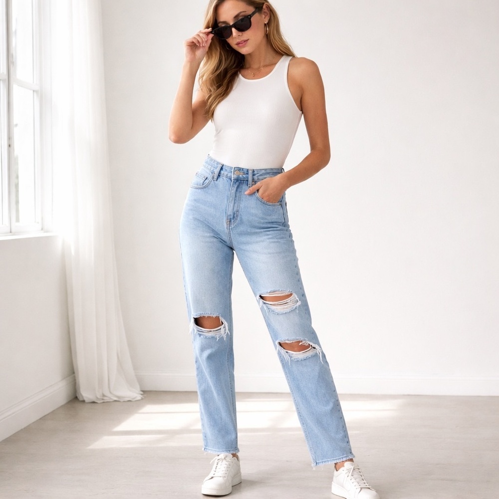 Casual Street Style High Rise Distressed Straight Leg Jeans XS